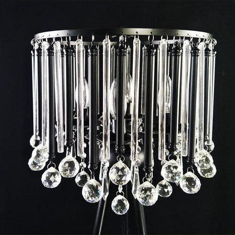 Close-up of Dope Romance Crystal Tripod Floor Lamp In Black With Four 40W Bulbs, Modern Crystal Mid Century Style details.