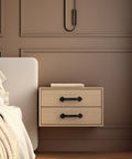 Bedroom setup with Vintage Black Alloy Drawer Pull Handles Set Of 3 With Screws on wooden bedside drawer.