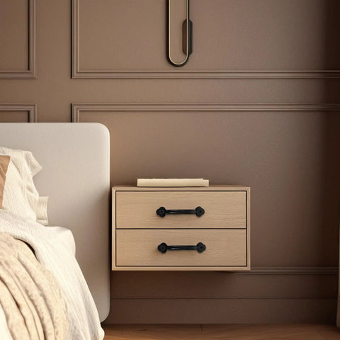Bedroom setup with Vintage Black Alloy Drawer Pull Handles Set Of 3 With Screws on wooden bedside drawer.
