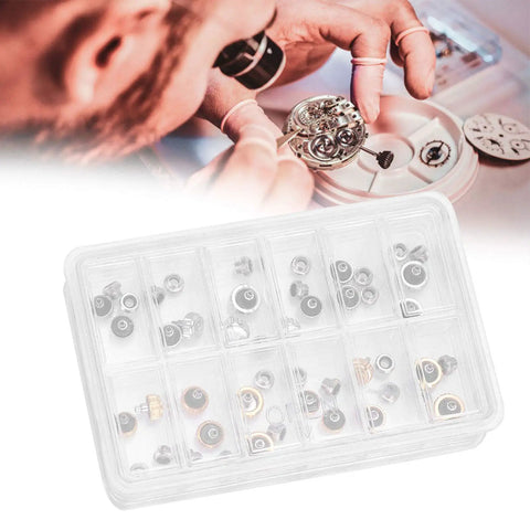 Pro Grade Watch Crown Kit with copper and stainless steel crowns in 12-slot organizer box and watchmaker using tools