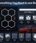 Contents of the Hexagon 168W LED Garage Light With 5 Grid Panels, including connectors, screws, and power cable alongside a car graphic.