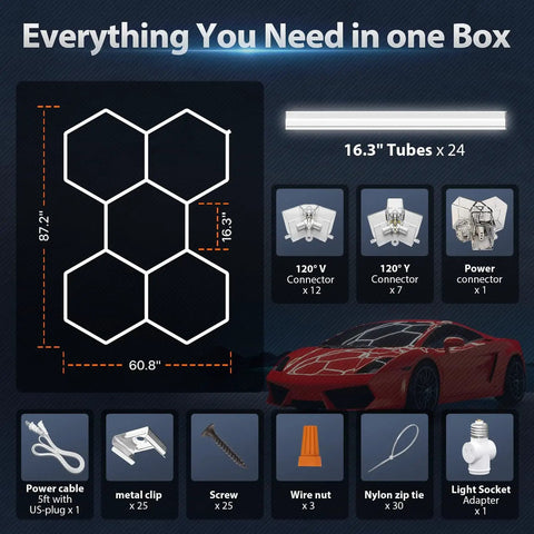 Contents of the Hexagon 168W LED Garage Light With 5 Grid Panels, including connectors, screws, and power cable alongside a car graphic.