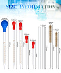 Size information of droppers, stirring rods, and brushes from 18 Piece All In One Hands On Lab Glassware Set for experiments.