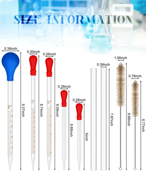 Size information of droppers, stirring rods, and brushes from 18 Piece All In One Hands On Lab Glassware Set for experiments.