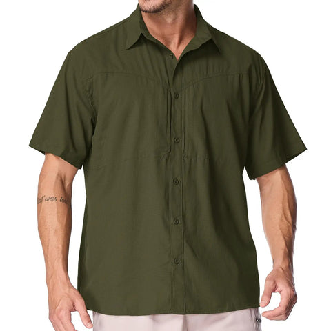 Front view of Moisture Wicking Quick Dry Safari Shirt For Men With UPF 50 Sun Protection Short Sleeve Hiking Camping Shirt Olive Green XXL