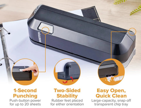 Electric 3 Hole Punch For Office Use Workhorse Dual Paper Loading From Top Or Front Heavy Duty Jam Free Performance 20 Sheet Capacity