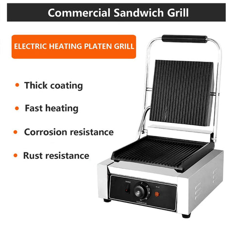 Ultimate 1800W Electric Sandwich Maker With Non-Stick Stainless Steel Plates And Deep Grooved Design, commercial grill with fast heating.