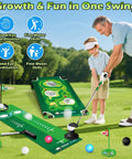 Father and son playing with the 3 In 1 Kids Golf Set With Dinosaur Automatic Returner, Indoor Outdoor Golf Cornhole Board, LED Light Up Balls, Putting Mat.