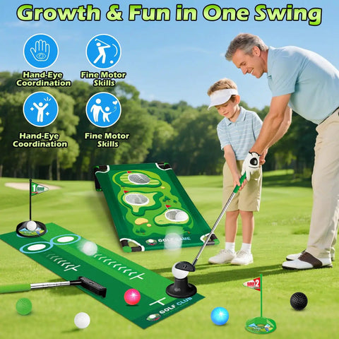 Father and son playing with the 3 In 1 Kids Golf Set With Dinosaur Automatic Returner, Indoor Outdoor Golf Cornhole Board, LED Light Up Balls, Putting Mat.