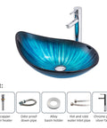 Blue Tempered Glass Vessel Sink With Faucet And Drain Above Counter Bathroom Upgrade Water Drop Style Chrome Finish Premium Modern Glass Sink Combo For Easy Install And Statement Look, showing blue sink and chrome faucet from top angle.