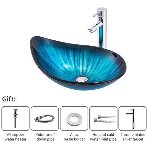 Blue Tempered Glass Vessel Sink With Faucet And Drain Above Counter Bathroom Upgrade Water Drop Style Chrome Finish Premium Modern Glass Sink Combo For Easy Install And Statement Look, showing blue sink and chrome faucet from top angle.