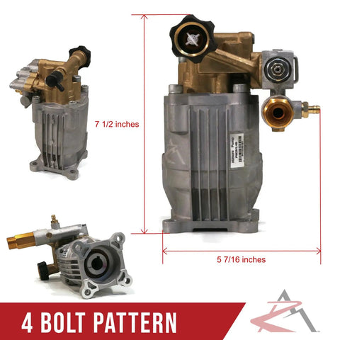 Universal 3000 PSI Pressure Washer Pump With Three Quarters Inch Shaft, 4 bolt pattern, front and side views