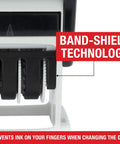 Close-up of the Slick S120 Self Inking Date Stamp showing band-shield technology for finger protection while adjusting date.