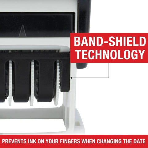 Close-up of the Slick S120 Self Inking Date Stamp showing band-shield technology for finger protection while adjusting date.