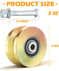 2 Sets Rock Solid 4 Inch V Groove Gate Roller Wheels, 4 inch steel wheels with bolt, showing size dimensions for gate installation.