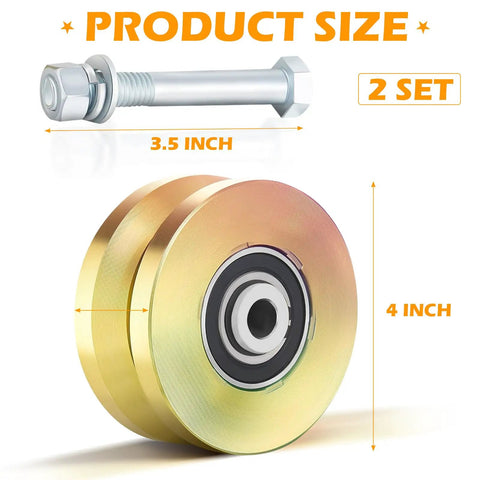 2 Sets Rock Solid 4 Inch V Groove Gate Roller Wheels, 4 inch steel wheels with bolt, showing size dimensions for gate installation.