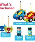 Two Pack Cartoon RC Cars For Toddlers With Steering Wheel Controllers Lights And Sounds Police Car And Race Car Dual Frequencies