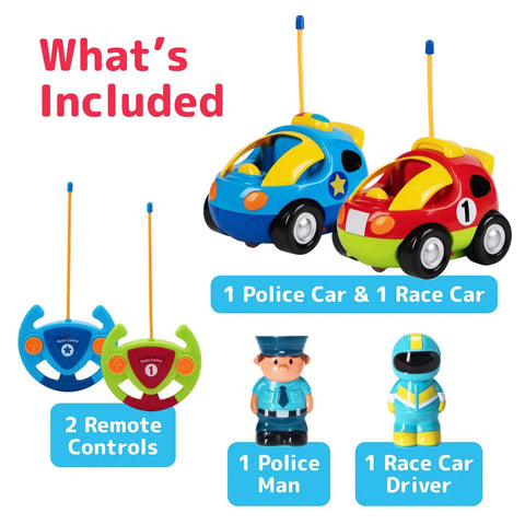 Two Pack Cartoon RC Cars For Toddlers With Steering Wheel Controllers Lights And Sounds Police Car And Race Car Dual Frequencies