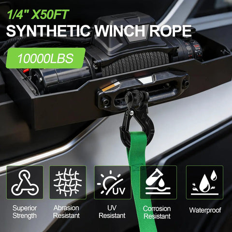 All In One Synthetic Winch Rope Kit 1/4 Inch By 50 Feet With 10000 Lbs Break Strength and detailed icons showing features