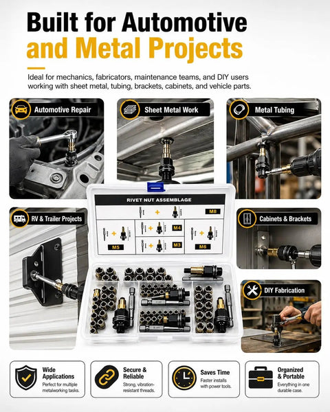 Rivet Nut Tool Kit for Carbon Steel M3 Through M8 with Drill Adapter and 5 Mandrel Heads plus Cr-Mo Steel Hex Drivers, All-In-One Rivet Nut Installation Set for Fast, Pro-Grade Repairs and Projects on metal cases