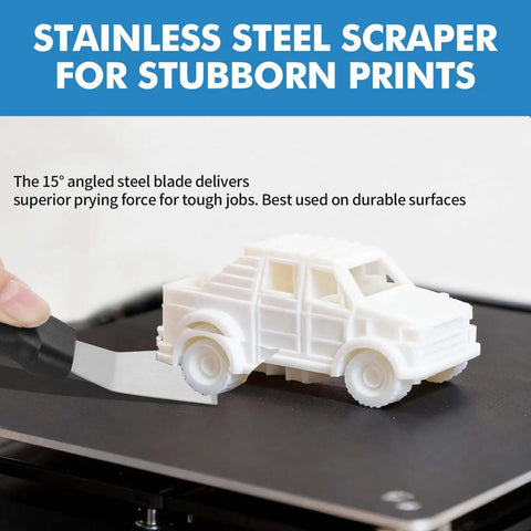 Dual Tool 3D Printer Scraper Set With Angled Metal Spatula removing a 3D-printed car from a printer bed, highlighting metal scraper use.
