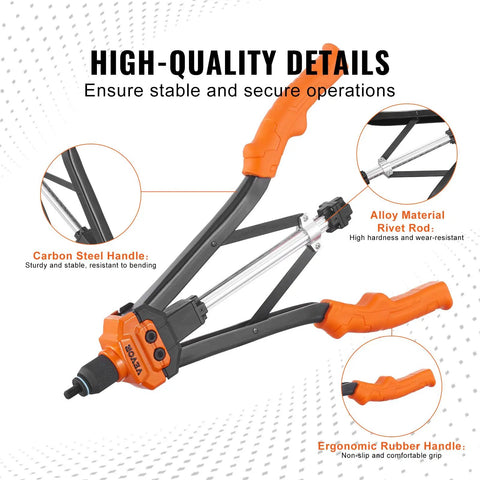 Rivet Nut Tool Kit 16 Inch With 13 Metric And SAE Mandrels, showing carbon steel handle, alloy rivet rod, ergonomic rubber handle.