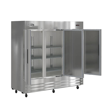Built To Last Straight Up Heavy Duty Three Door Stainless Steel Commercial Reach In Refrigerator 72 Cubic Feet Upright Kitchen Chiller With Etl Certification open with shelves inside