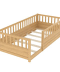 Twin Floor Bed With High Safety Fence, Solid Pine Wood Montessori Toddler Sleep Platform, Natural Finish Wooden Frame.
