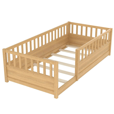 Twin Floor Bed With High Safety Fence, Solid Pine Wood Montessori Toddler Sleep Platform, Natural Finish Wooden Frame.