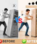 Heavy Duty Self Adhesive Furniture Sliders 36 Piece Set Features Rock Solid Grip For No Sweat Moving And Smooth Gliding On Wood Or Carpet Floors Super Durable Build. Before and after showing easy movement of a cabinet.