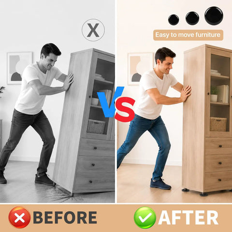Heavy Duty Self Adhesive Furniture Sliders 36 Piece Set Features Rock Solid Grip For No Sweat Moving And Smooth Gliding On Wood Or Carpet Floors Super Durable Build. Before and after showing easy movement of a cabinet.