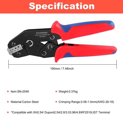 Ratcheting Wire Crimp Tool For JST Dupont And Molex Terminals with precision dies, 190mm length, red and blue handles