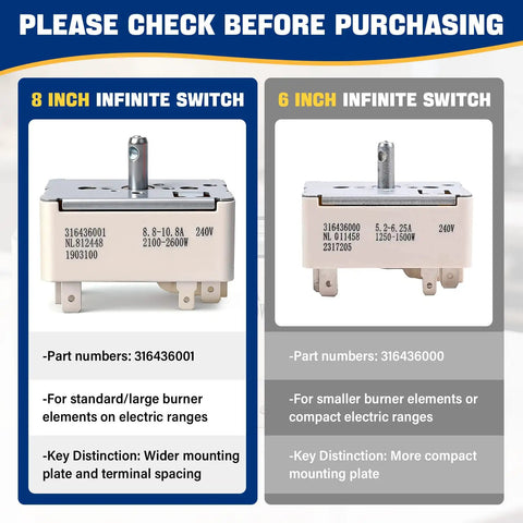 Comparison of 8 Inch Range Infinite Switch Replacement and 6 Inch for electric ovens and stoves with specifications shown