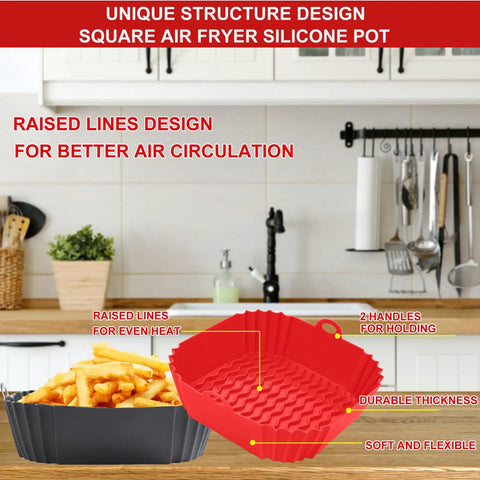 2 Pack 8.5 Inch Square Air Fryer Silicone Liners Reusable Nonstick Heat Resistant Easy Clean Air Fryer Accessories That Fit 4 To 7 Qt Durable Oven Safe Liners So You Can Save Bucks And Cut Waste, showing raised line design for air circulation in a kitchen setting.