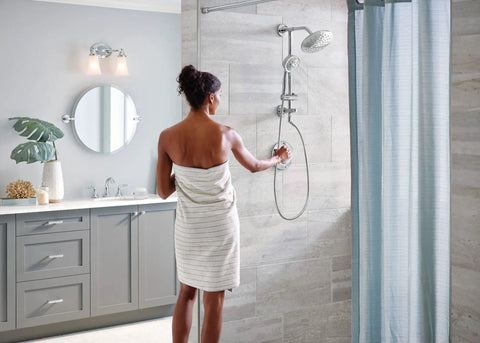 Chrome Replacement Handheld Showerhead With Four Function Eco Performance WaterSense Certified in modern bathroom
