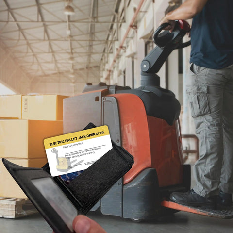 5 Pack Electric Pallet Jack Operator Credential Cards 2 By 3.5 Inch Wallet Sized Durable Plastic Training Certificates held by operator.