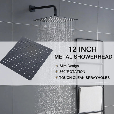 Dope Matte Black Shower Fixture Set With 12 Inch Shower Head Tub Spout And Single Handle Valve Included Easy Temperature Control Modern Black Bath Faucet System For Smooth Water Flow, featuring square head
