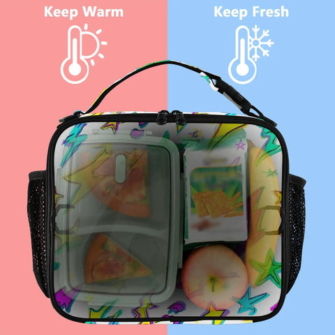 Colorful Lightning Bolt Insulated Lunch Bag With Shoulder Straps For Office School And Travel Your Go To Cooler That Keeps Meals Fresh In A Spacious Main Compartment With Two Side Mesh Pockets Durable Polyester Tote For Kids Women And Men. front view, insulated polyester lunch bag with shoulder strap