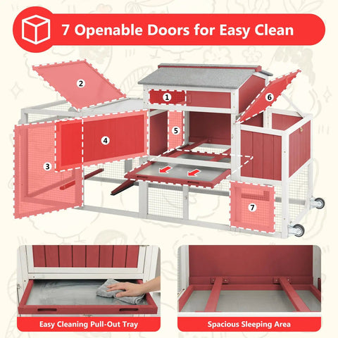 Diagram of Mobile Wooden Chicken Coop With Nesting Box, showing 7 openable doors, pull-out tray, and spacious sleeping area.