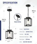 Specifications of Modern Farmhouse Outdoor Pendant Light for Porch, with 47 in adjustable chain, glass cylinder, black finish, sizes listed