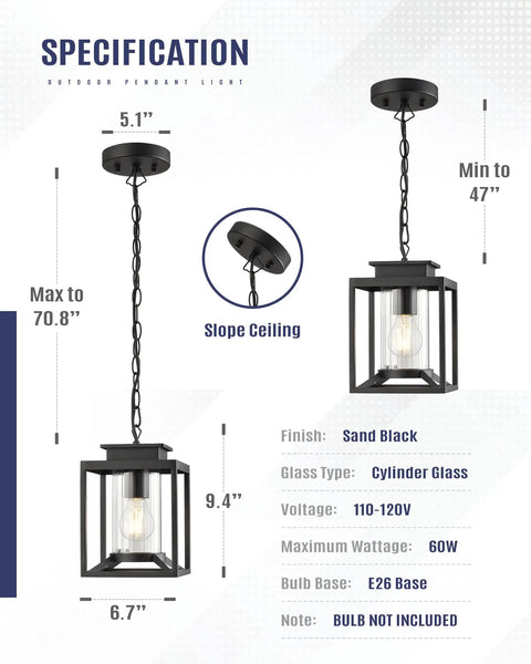 Specifications of Modern Farmhouse Outdoor Pendant Light for Porch, with 47 in adjustable chain, glass cylinder, black finish, sizes listed