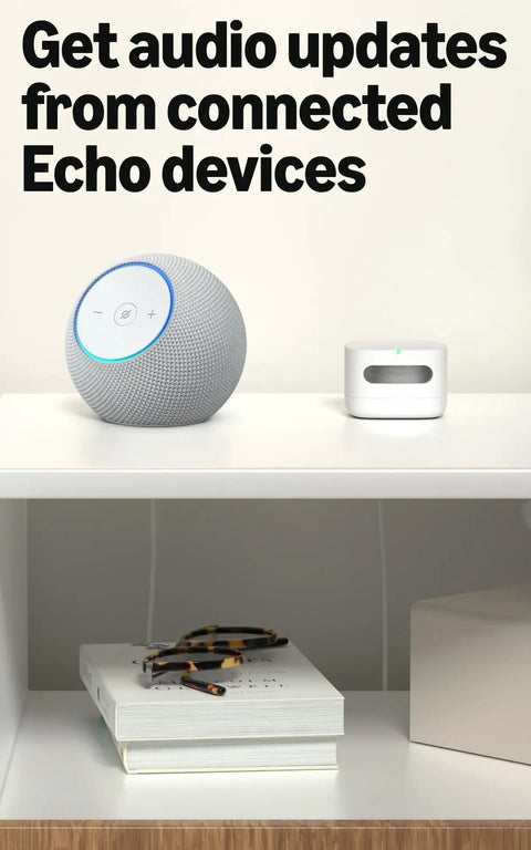 Slick Indoor Air Quality Monitor Tracks Temp Humidity Carbon Monoxide Pm2.5 Vocs Hooks Into Alexa Sends Snappy Alerts, displayed with Echo devices.