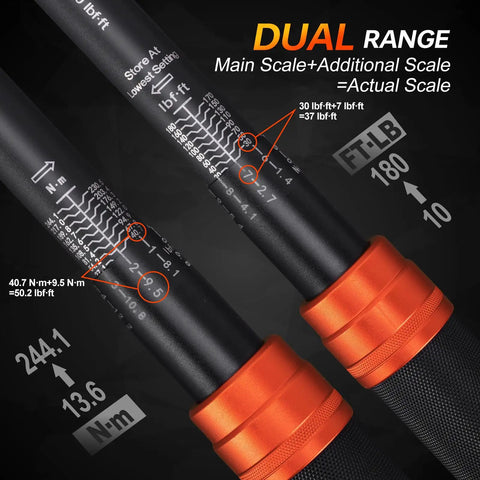 Dual range scale detail on Complete 41 Piece Torque Wrench Set With Quarter, Three Eighths, And Half Inch Drives, Click Torque Wrenches