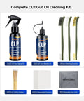 All In One Gun Cleaning Kit With CLP Oil For Rifle And Pistol Maintenance includes CLP gun oil, brushes, cotton swabs, cloth, and patches.