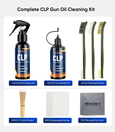 All In One Gun Cleaning Kit With CLP Oil For Rifle And Pistol Maintenance includes CLP gun oil, brushes, cotton swabs, cloth, and patches.