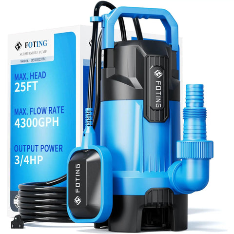 High Flow 4300GPH Submersible Sump Pump With Float Switch Three Quarter HP Oil Free PSC Motor Thermoplastic Portable Utility