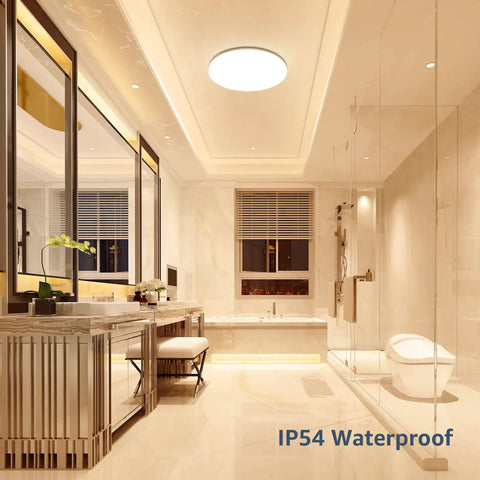 Slim Flush Mount LED Ceiling Light 2400 Lumens, 200 Watt Equivalent, IP54 Waterproof installed in a modern bathroom ceiling