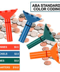Color Coded Coin Counting Tubes With 150 Assorted Flat Coin Wrappers For Pennies Through Quarters Set Of Four In Blue Green Orange Red Sweet For Home Office Cash Handling Quick Sorting And Bank Deposit Prep, showing coins.