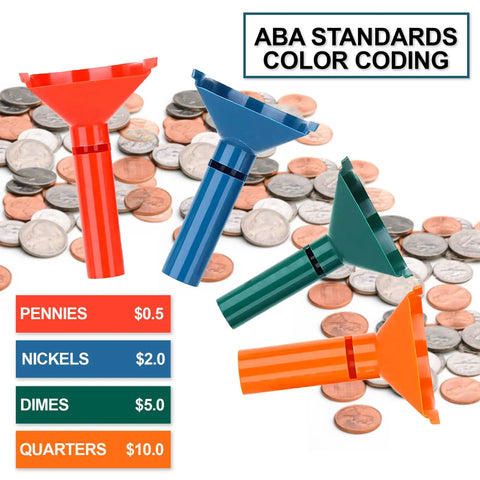Color Coded Coin Counting Tubes With 150 Assorted Flat Coin Wrappers For Pennies Through Quarters Set Of Four In Blue Green Orange Red Sweet For Home Office Cash Handling Quick Sorting And Bank Deposit Prep, showing coins.