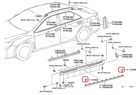Diagram showing installation of Front And Rear Spoiler Molding Clip Kit 25 Pcs For Toyota And Lexus Cars part OEM 75392-35220.